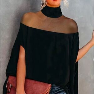 BLACK TUNIC TOP WITH BATWING SLEEVES AND SHEER TOP